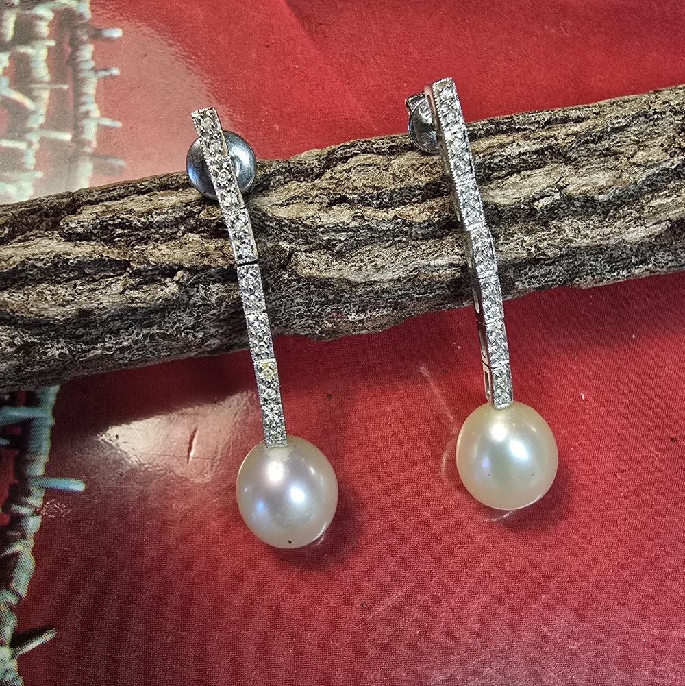 PRICE DROP!  14K White Gold, Diamond and 10mm Freshwater Pearl Drop Earrings